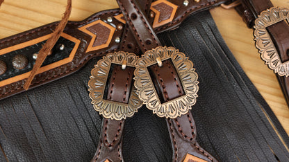 Leather Headstall Tack set with with geometrical carving with copper nickel studs brown leather fringe  string concho gifts for horse lovers