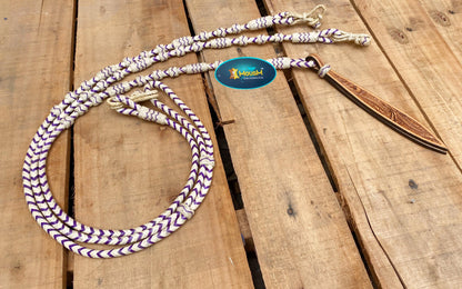 Romal Reins Braided Natural Rawhide Reins with Leather Popper and color options Leather Reins Horse Reins 8&