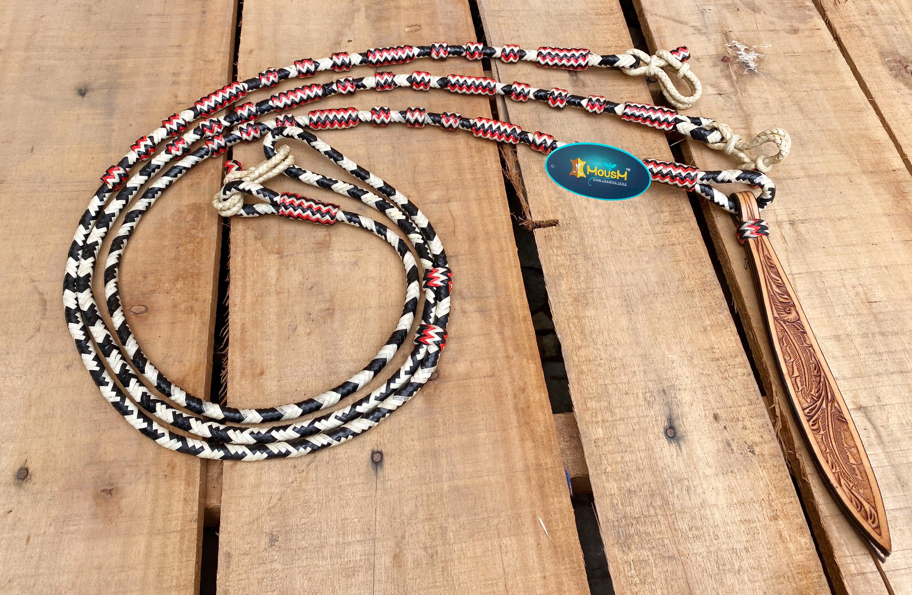 Romal Reins Braided Natural Rawhide Reins with Leather Popper and color options Leather Reins Horse Reins 8&