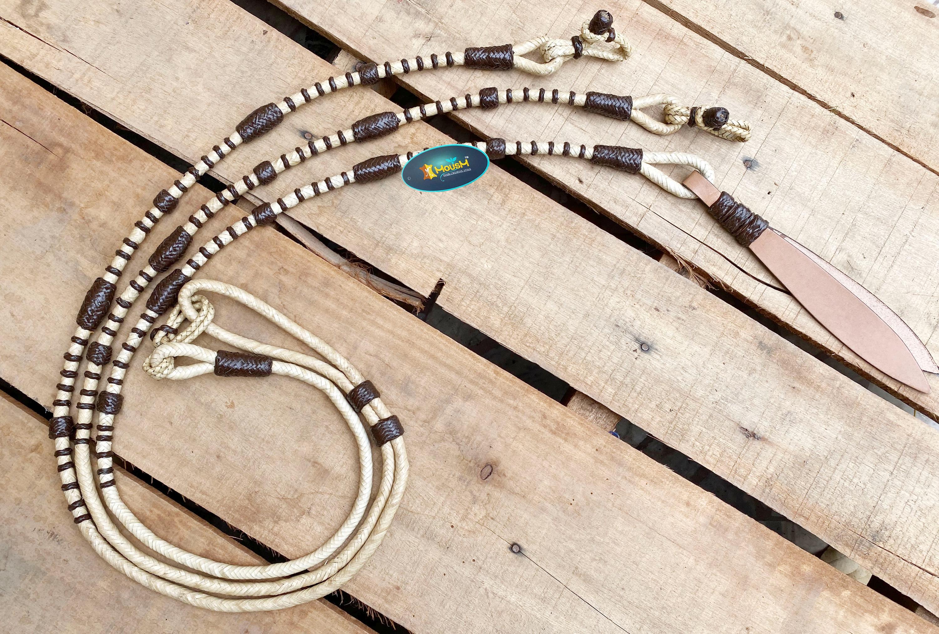 Romal Reins Braided Natural Rawhide Reins with Leather Popper and color options Leather Reins Horse Reins 8&