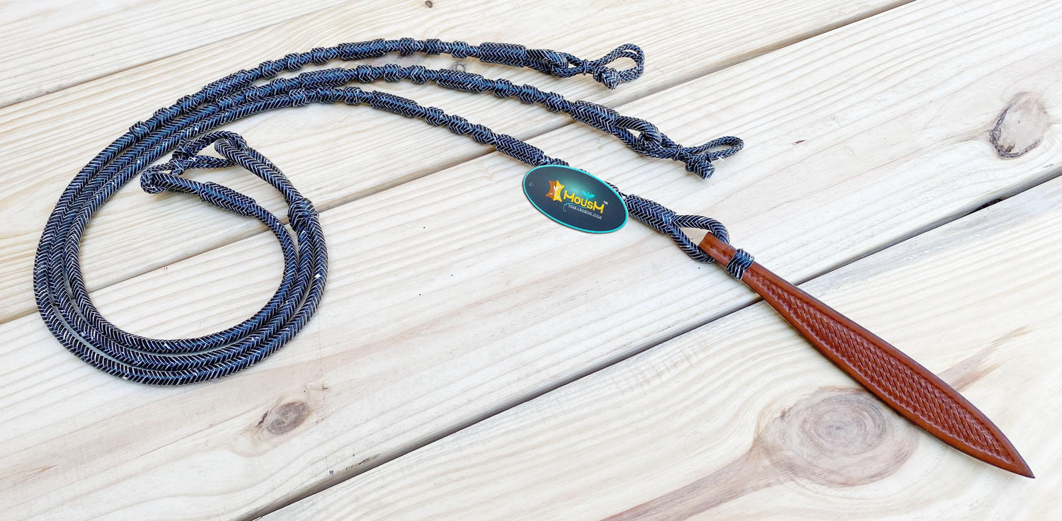 Romal Reins Braided Natural Rawhide Reins with Leather Popper and color options Leather Reins Horse Reins 8&