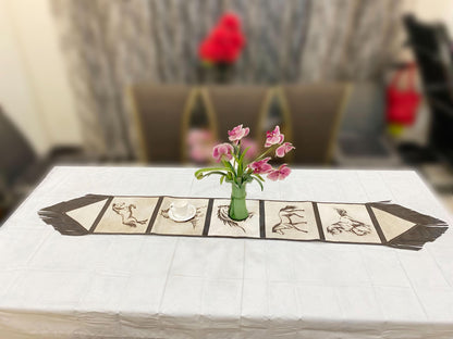 Cow Hide table runner Leather Table runner on real ceramic colored cow hide decorated with laser engraved smart horses designs black fringe.