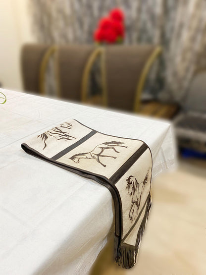 Cow Hide table runner Leather Table runner on real ceramic colored cow hide decorated with laser engraved smart horses designs black fringe.