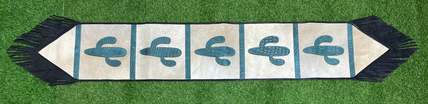 Handmade Leather Table runner 72&quot; on real cowhide decorated with leaser cut turquoise engraved western cactus patch in between on Cow hide