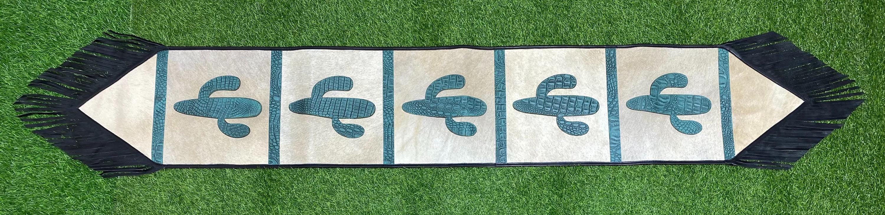 Handmade Leather Table runner 72&quot; on real cowhide decorated with leaser cut turquoise engraved western cactus patch in between on Cow hide