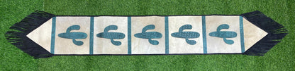 Handmade Leather Table runner 72&quot; on real cowhide decorated with leaser cut turquoise engraved western cactus patch in between on Cow hide