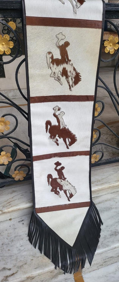 Handmade Table runner 72&quot;inches with laser cut riding horse and jockey leather patch on real cowhide with fringe at corners for Christmas