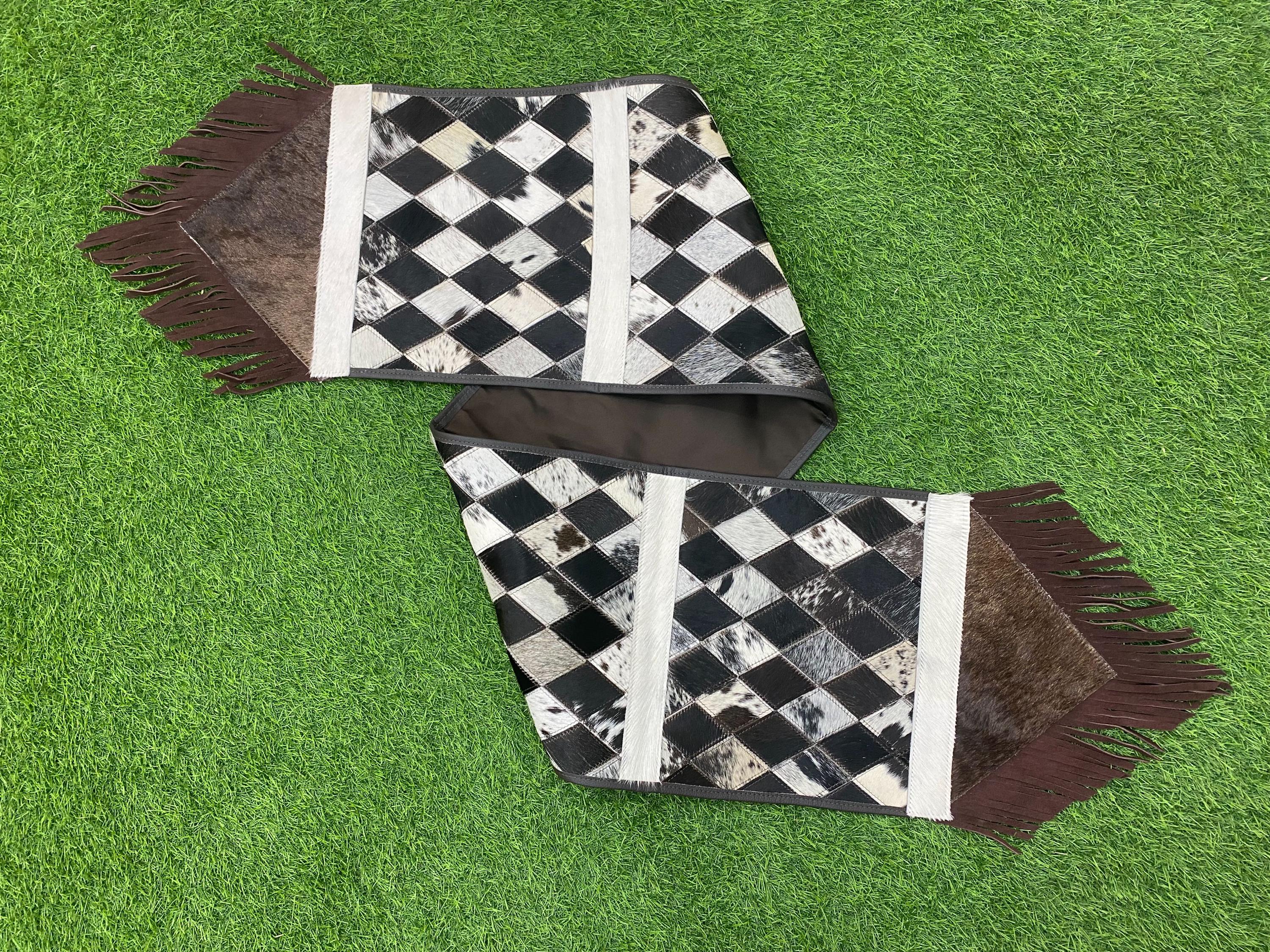 Cow Hide table runner Leather Table runner with chess like diamond shaped patches on real cow hide real leather fringe at both side corners