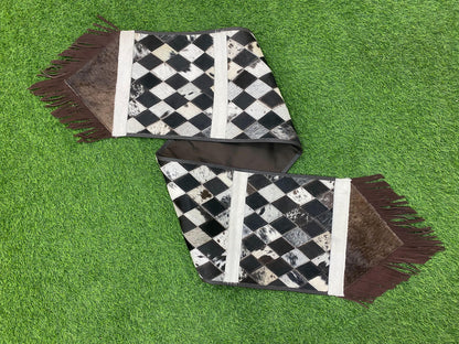 Cow Hide table runner Leather Table runner with chess like diamond shaped patches on real cow hide real leather fringe at both side corners