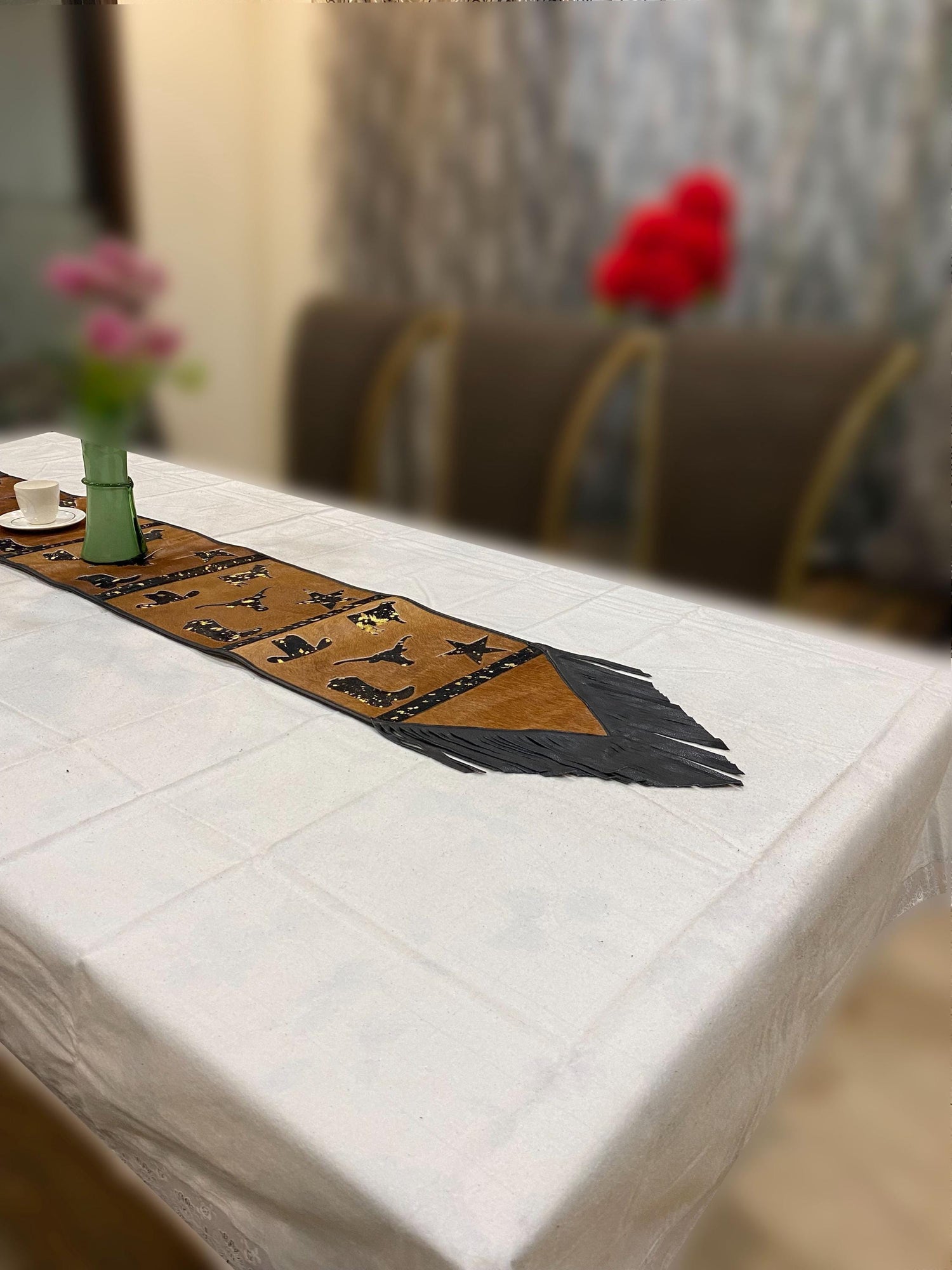 Cow Hide table runner Leather Table runner brown acid wash design with leaser cut cow hide western design  related logos with black fringe