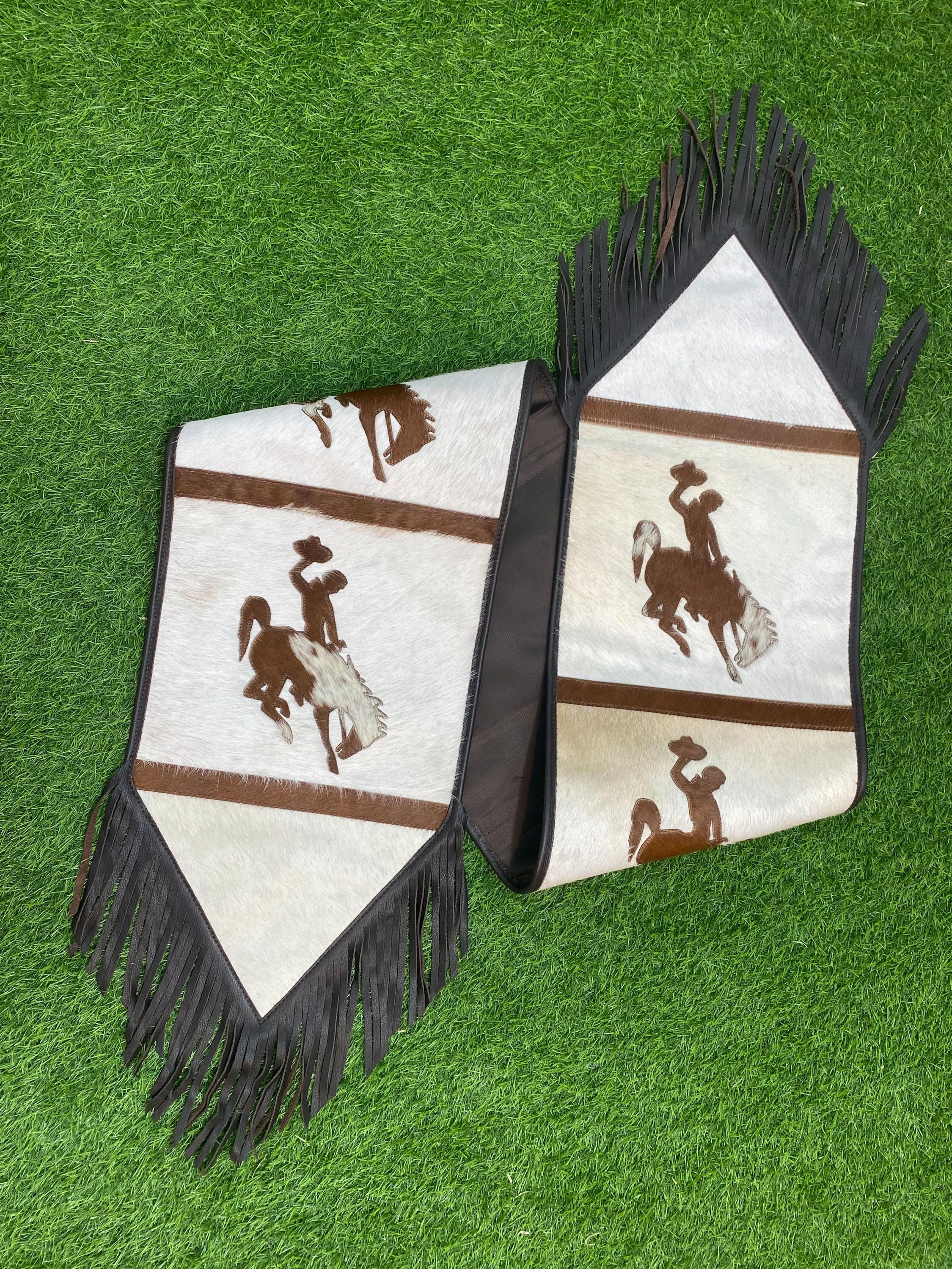 Handmade Table runner 72&quot;inches with laser cut riding horse and jockey leather patch on real cowhide with fringe at corners for Christmas