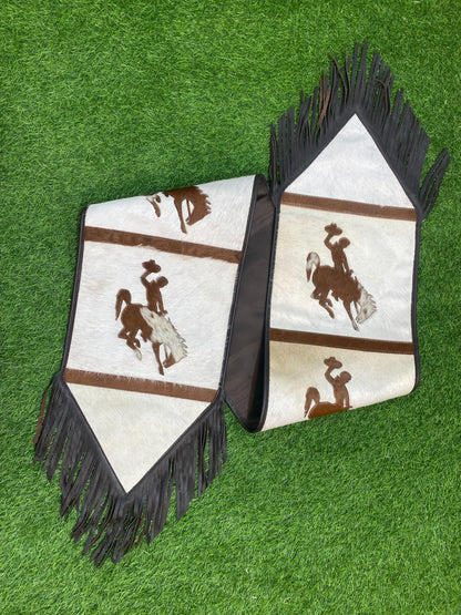 Handmade Table runner 72&quot;inches with laser cut riding horse and jockey leather patch on real cowhide with fringe at corners for Christmas