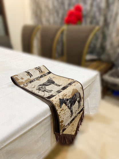 Leather Table Runner 72 inches on Real Cow Hide Handcrafted Embroidered standing Horse Cutout Print  best  leather table Runner on Christmas