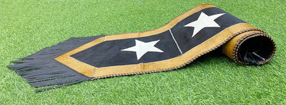 Leather Table Runner 72 inches on Real Cow Hide. Handcrafted Silver star on black sky theam surrounded by golden edge for Christmas party