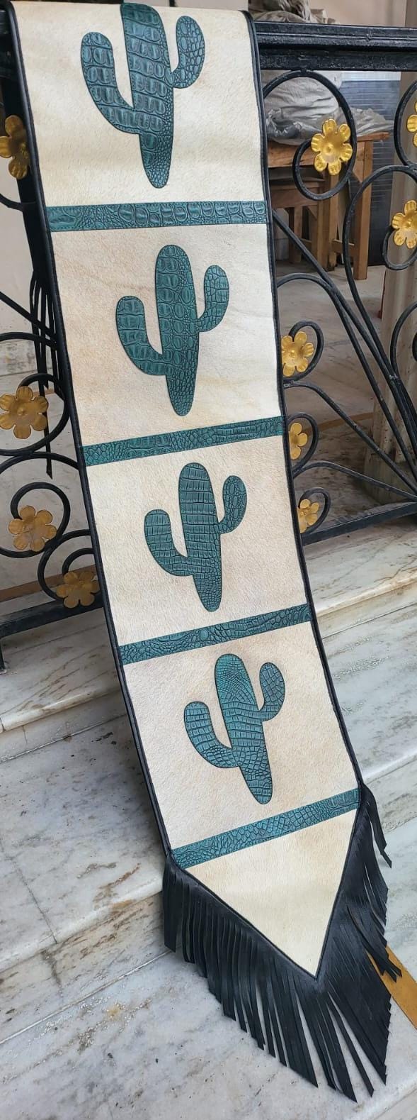 Handmade Leather Table runner 72&quot; on real cowhide decorated with leaser cut turquoise engraved western cactus patch in between on Cow hide