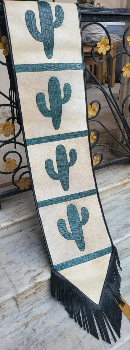 Handmade Leather Table runner 72&quot; on real cowhide decorated with leaser cut turquoise engraved western cactus patch in between on Cow hide