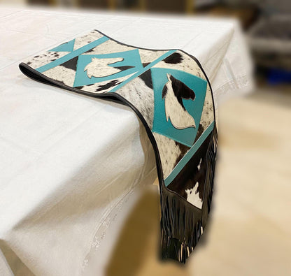Cow Hide table runner Leather Table runner having cow decorated with acid wash turquoise diamond square patch having Horse face in between