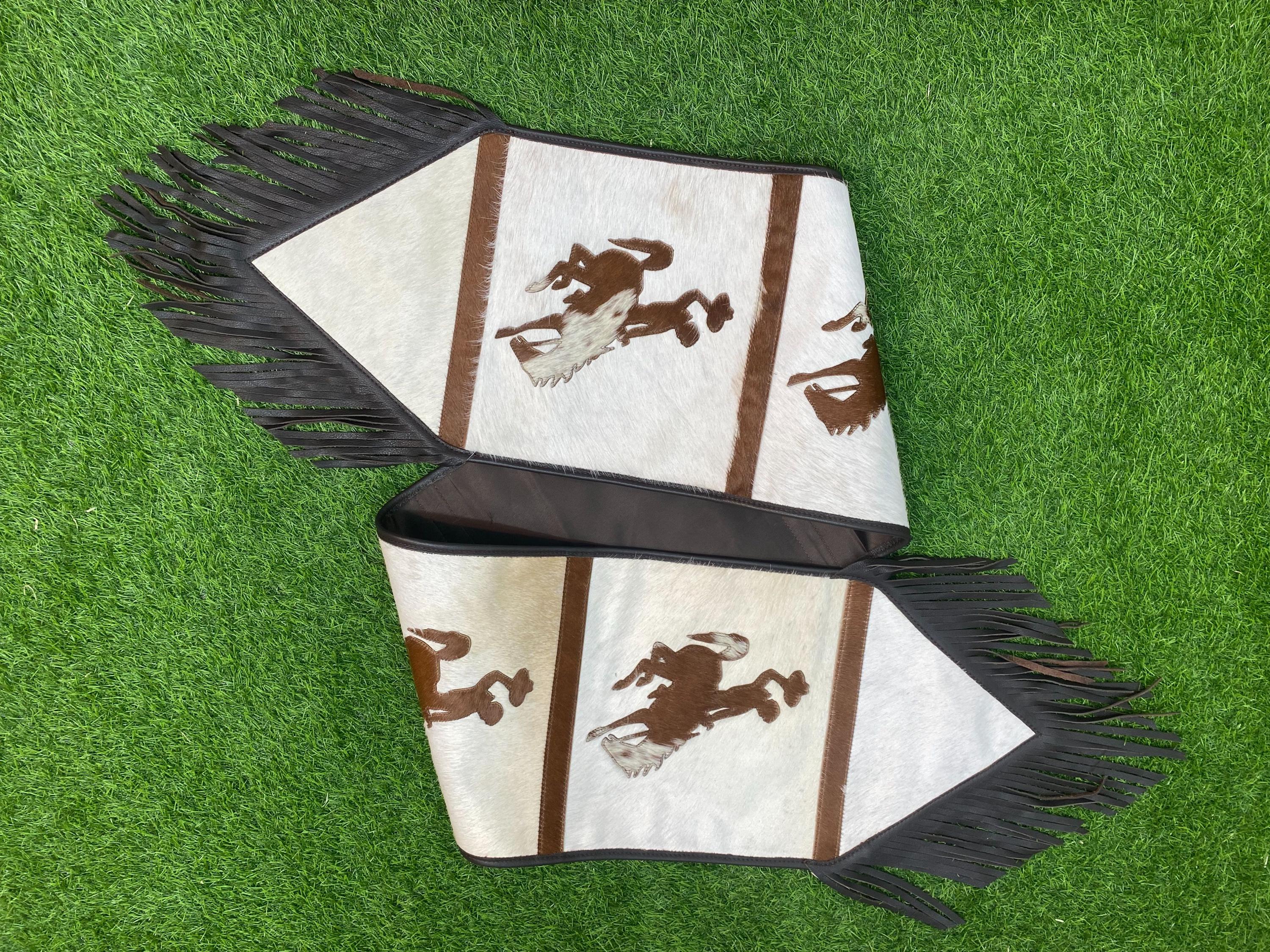 Handmade Table runner 72&quot;inches with laser cut riding horse and jockey leather patch on real cowhide with fringe at corners for Christmas