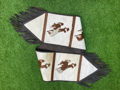 Handmade Table runner 72&quot;inches with laser cut riding horse and jockey leather patch on real cowhide with fringe at corners for Christmas