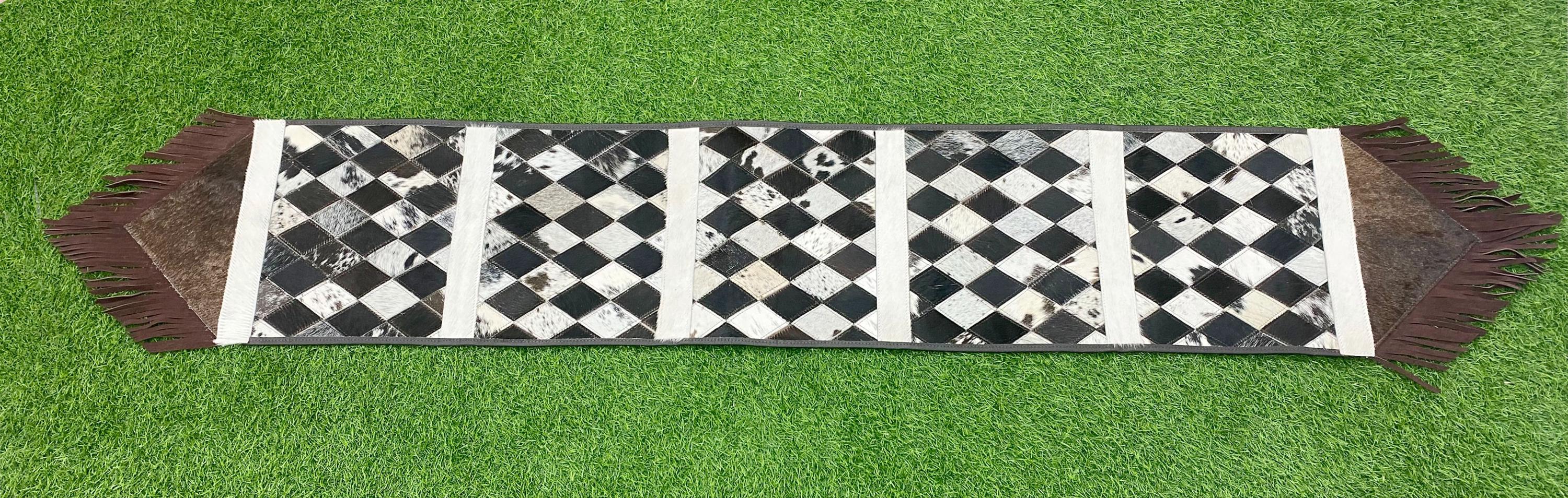 Cow Hide table runner Leather Table runner with chess like diamond shaped patches on real cow hide real leather fringe at both side corners