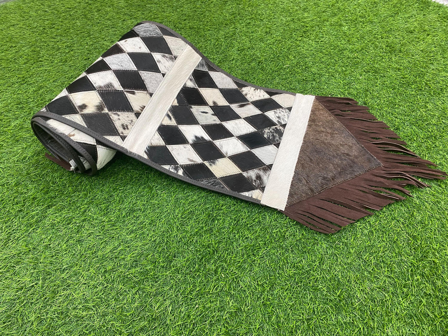Cow Hide table runner Leather Table runner with chess like diamond shaped patches on real cow hide real leather fringe at both side corners