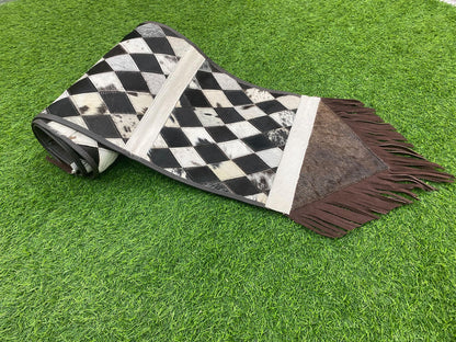 Cow Hide table runner Leather Table runner with chess like diamond shaped patches on real cow hide real leather fringe at both side corners