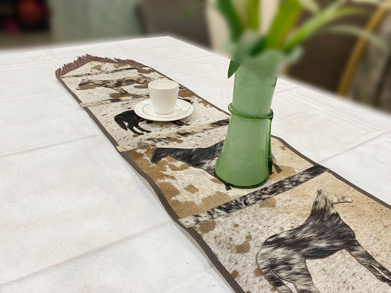 Leather Table Runner 72 inches on Real Cow Hide Handcrafted Embroidered standing Horse Cutout Print  best  leather table Runner on Christmas