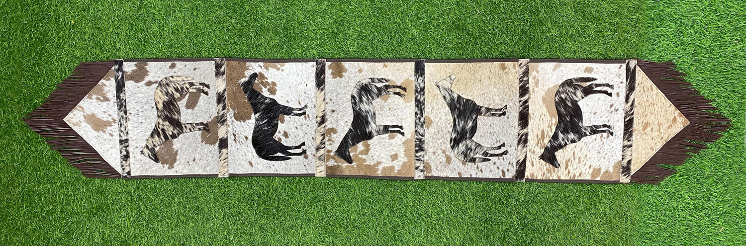 Leather Table Runner 72 inches on Real Cow Hide Handcrafted Embroidered standing Horse Cutout Print  best  leather table Runner on Christmas
