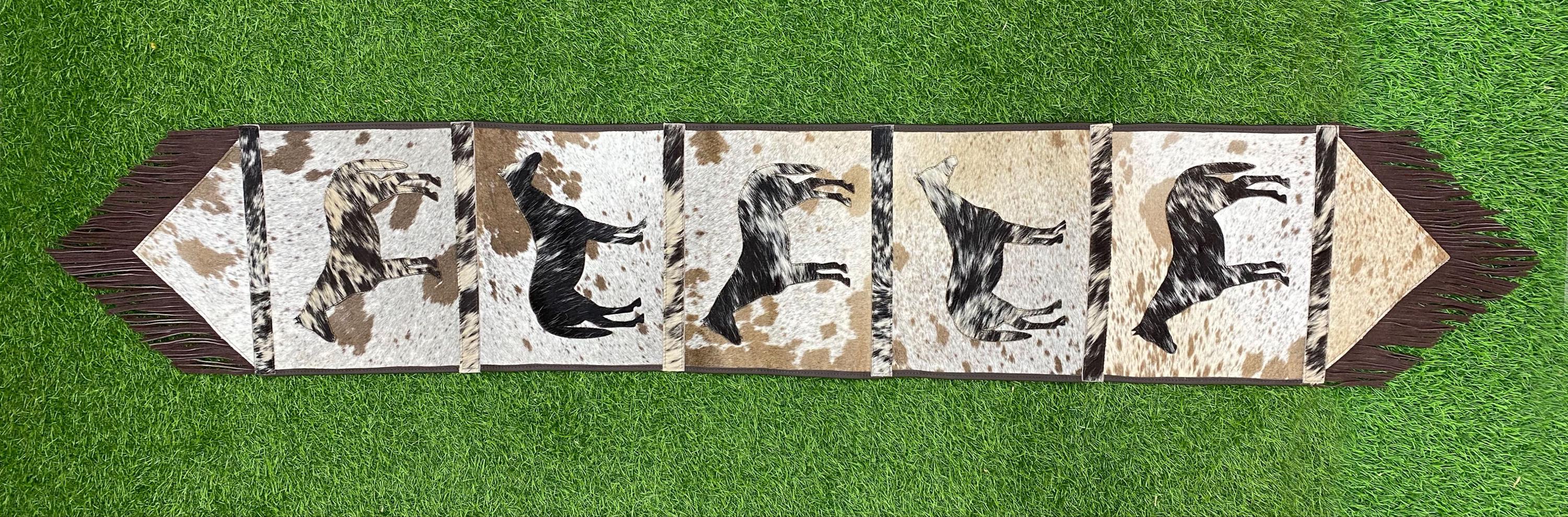 Leather Table Runner 72 inches on Real Cow Hide Handcrafted Embroidered standing Horse Cutout Print  best  leather table Runner on Christmas
