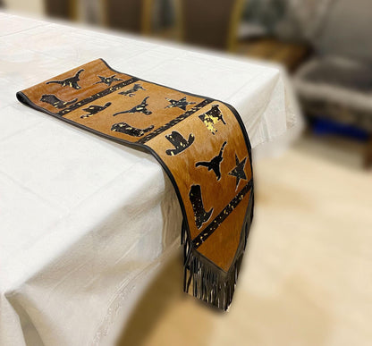 Cow Hide table runner Leather Table runner brown acid wash design with leaser cut cow hide western design  related logos with black fringe