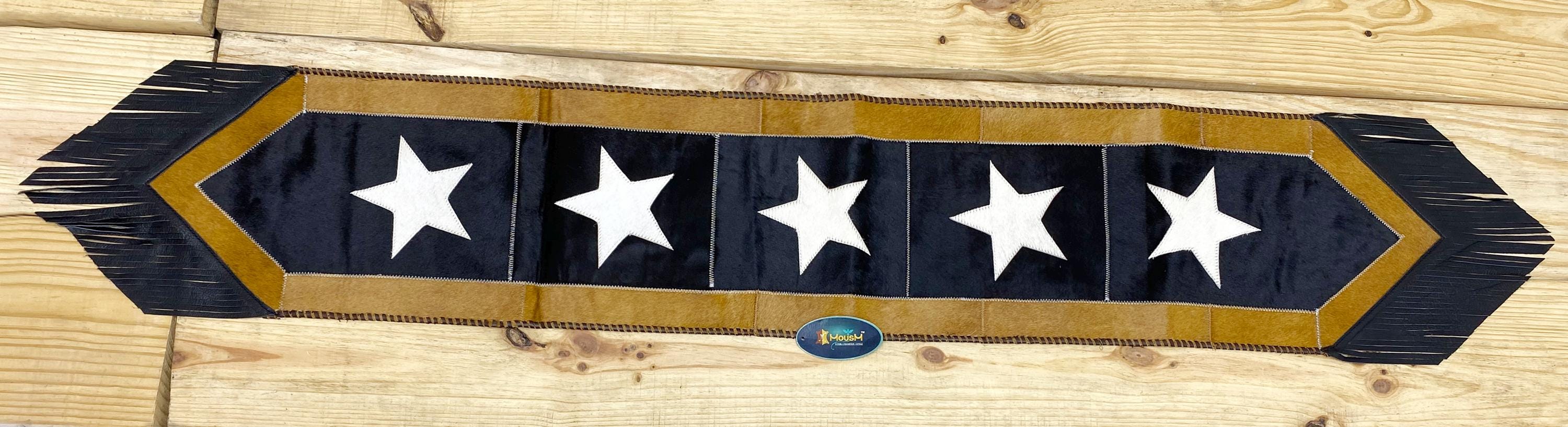 Leather Table Runner 72 inches on Real Cow Hide. Handcrafted Silver star on black sky theam surrounded by golden edge for Christmas party