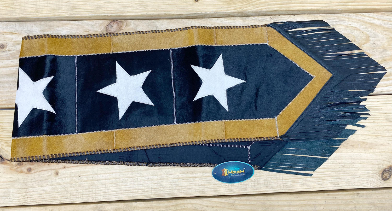 Leather Table Runner 72 inches on Real Cow Hide. Handcrafted Silver star on black sky theam surrounded by golden edge for Christmas party