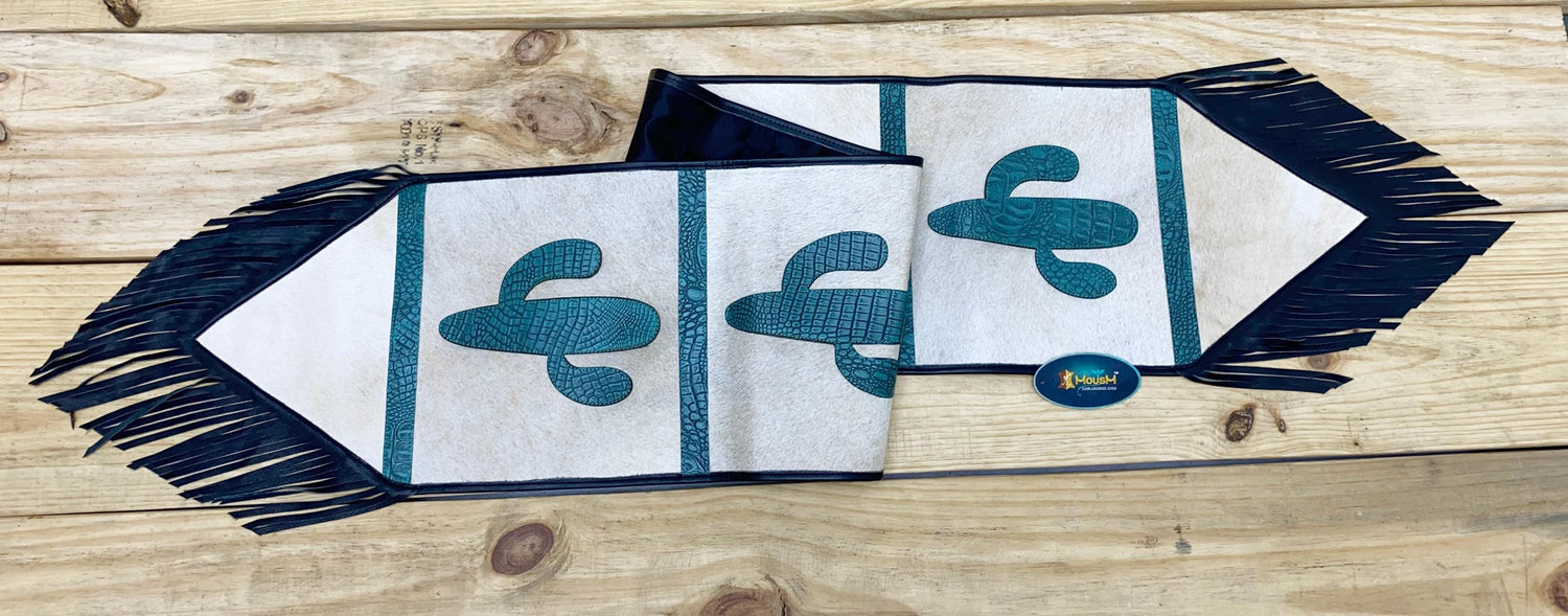 Handmade Leather Table runner 72&quot; on real cowhide decorated with leaser cut turquoise engraved western cactus patch in between on Cow hide