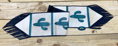 Handmade Leather Table runner 72&quot; on real cowhide decorated with leaser cut turquoise engraved western cactus patch in between on Cow hide