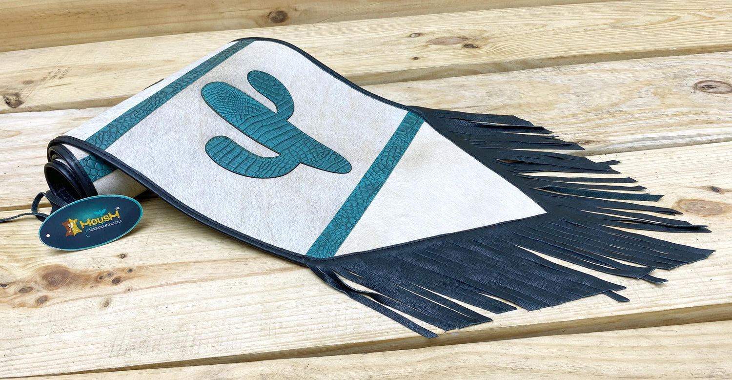 Handmade Leather Table runner 72&quot; on real cowhide decorated with leaser cut turquoise engraved western cactus patch in between on Cow hide