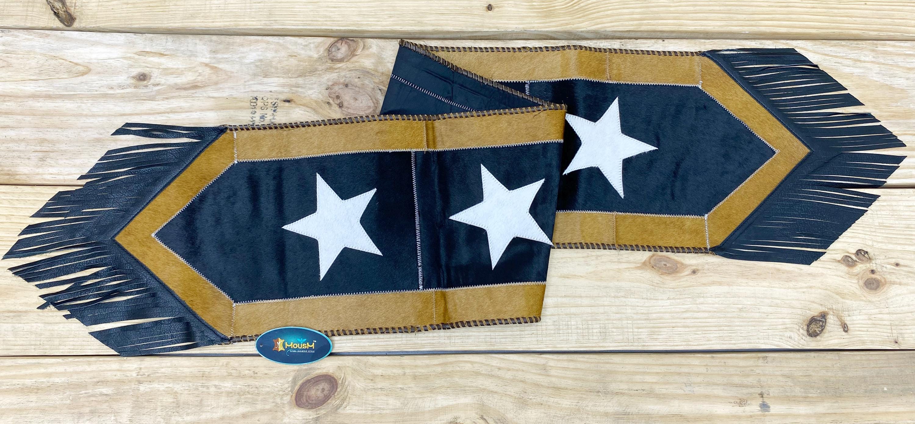 Leather Table Runner 72 inches on Real Cow Hide. Handcrafted Silver star on black sky theam surrounded by golden edge for Christmas party