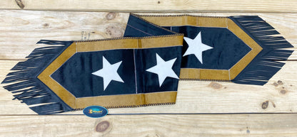 Leather Table Runner 72 inches on Real Cow Hide. Handcrafted Silver star on black sky theam surrounded by golden edge for Christmas party