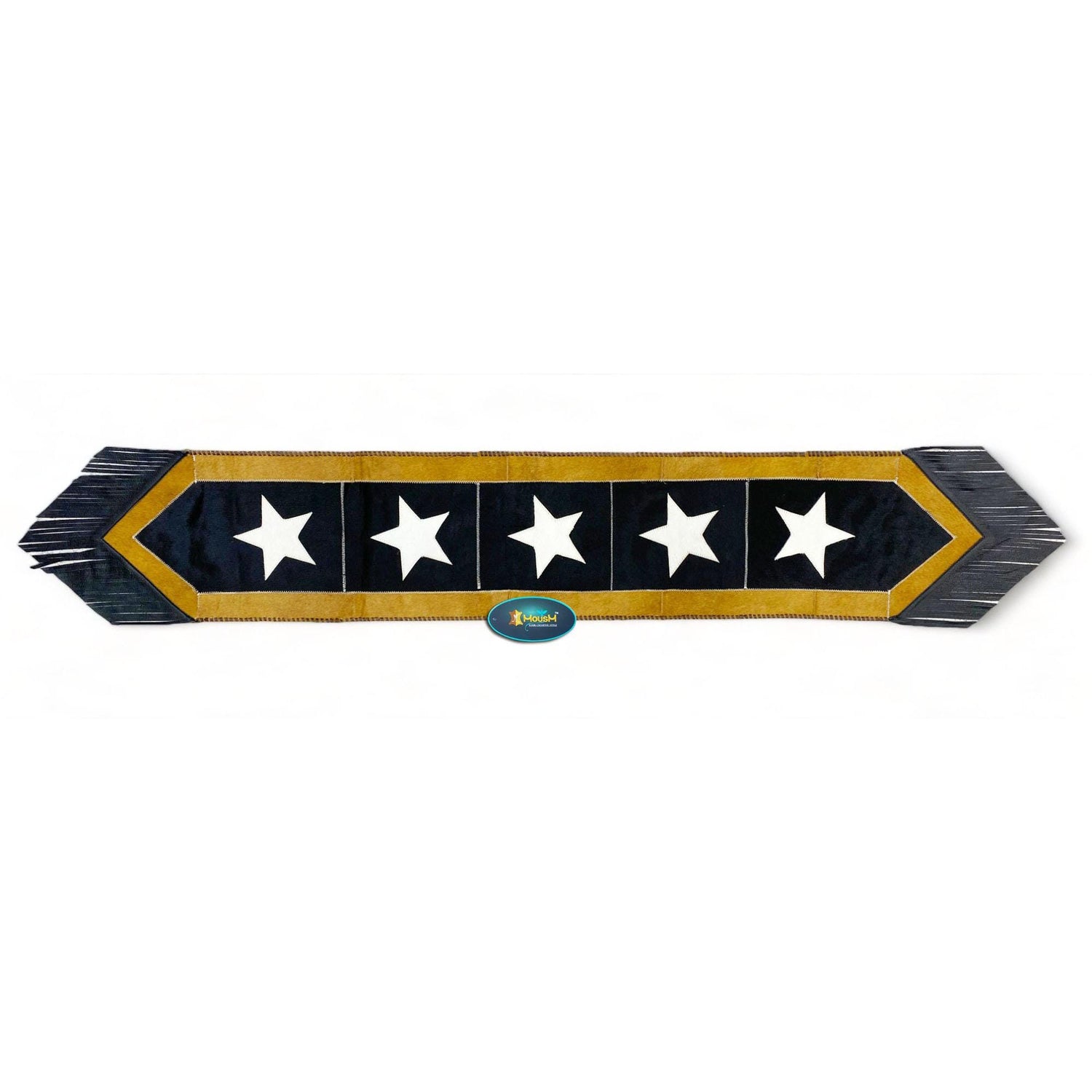 Leather Table Runner 72 inches on Real Cow Hide. Handcrafted Silver star on black sky theam surrounded by golden edge for Christmas party