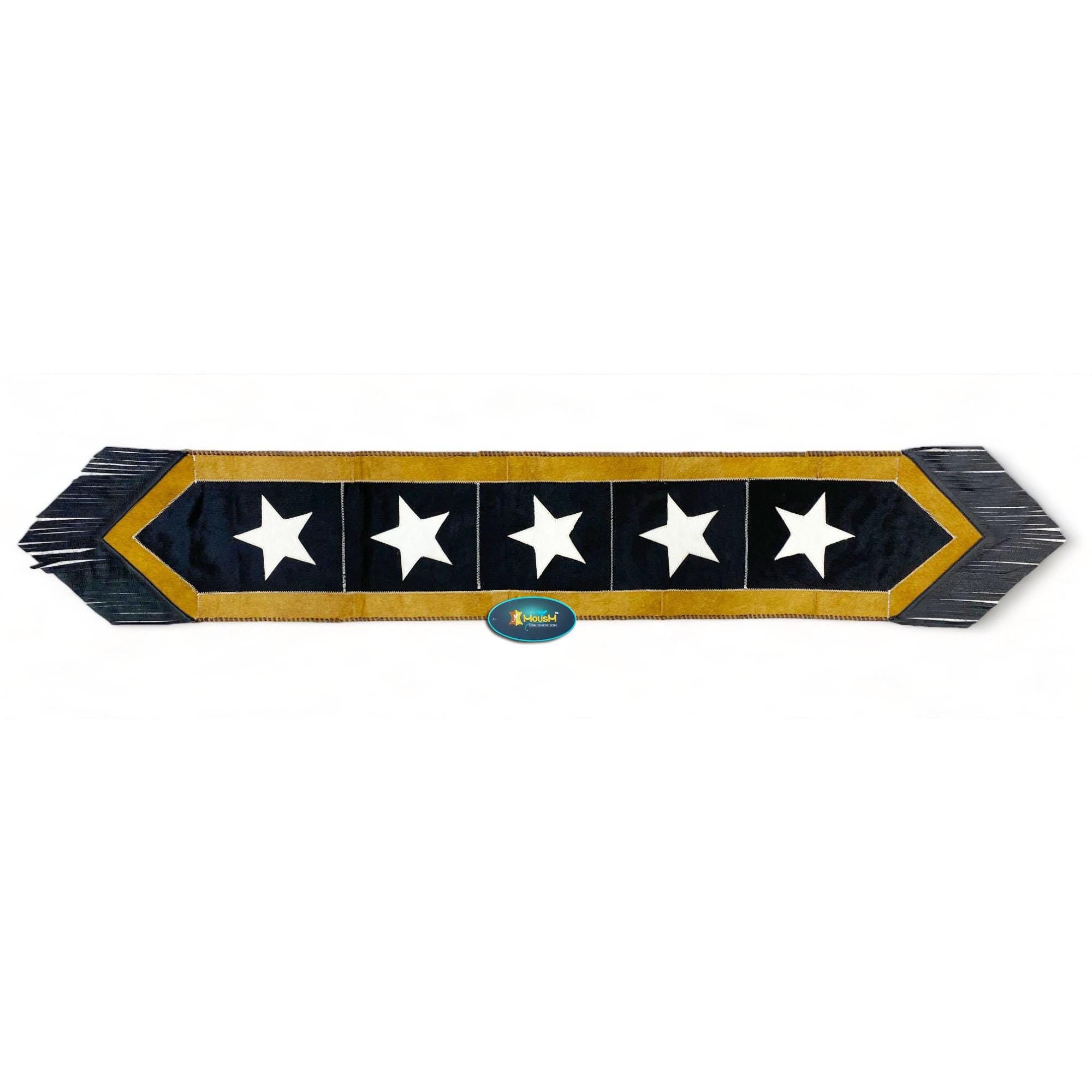 Leather Table Runner 72 inches on Real Cow Hide. Handcrafted Silver star on black sky theam surrounded by golden edge for Christmas party