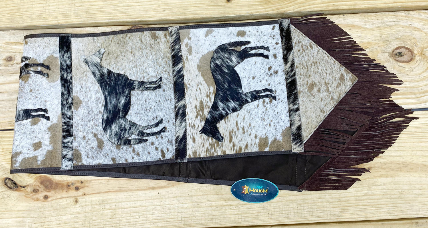 Leather Table Runner 72 inches on Real Cow Hide Handcrafted Embroidered standing Horse Cutout Print  best  leather table Runner on Christmas