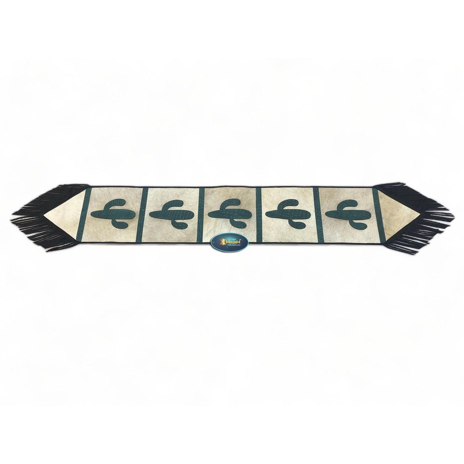 Handmade Leather Table runner 72&quot; on real cowhide decorated with leaser cut turquoise engraved western cactus patch in between on Cow hide