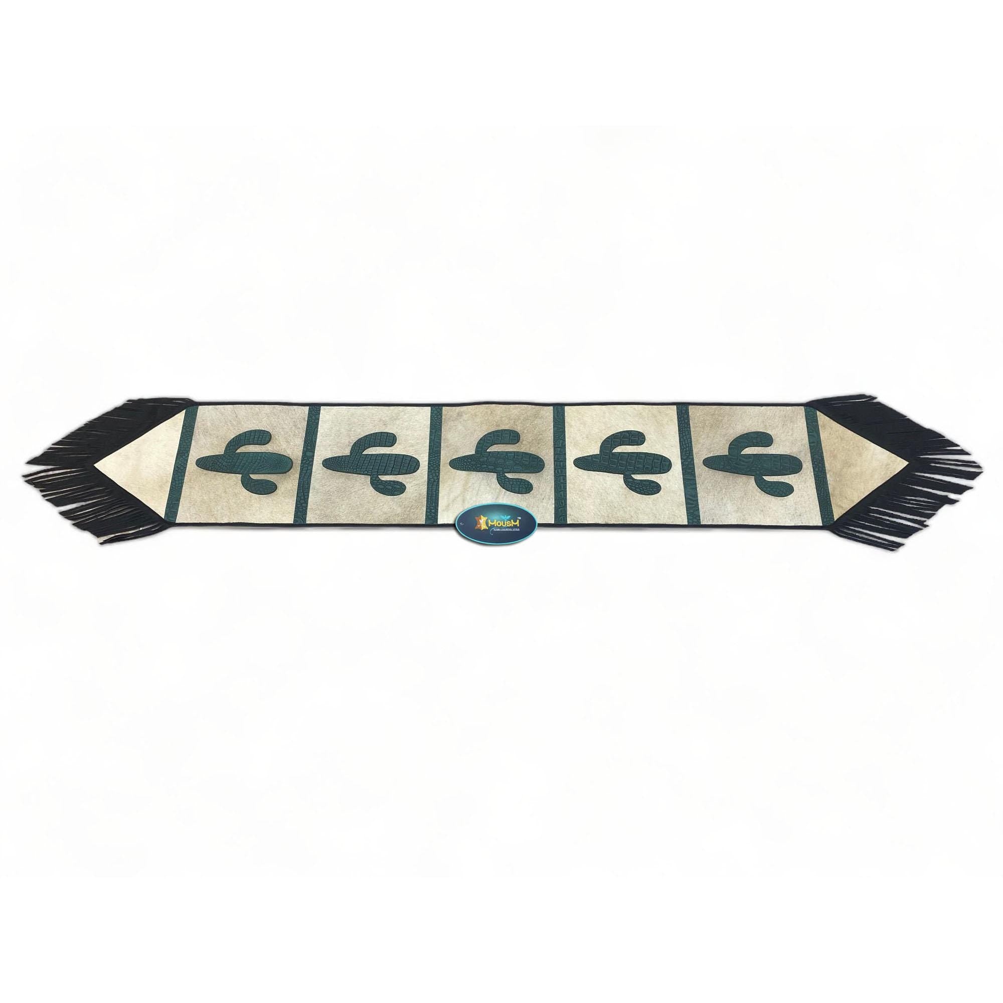 Handmade Leather Table runner 72&quot; on real cowhide decorated with leaser cut turquoise engraved western cactus patch in between on Cow hide
