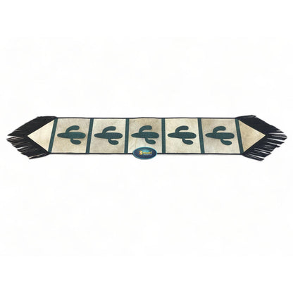 Handmade Leather Table runner 72&quot; on real cowhide decorated with leaser cut turquoise engraved western cactus patch in between on Cow hide