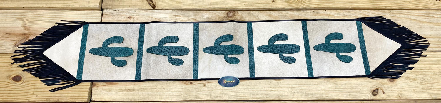 Handmade Leather Table runner 72&quot; on real cowhide decorated with leaser cut turquoise engraved western cactus patch in between on Cow hide