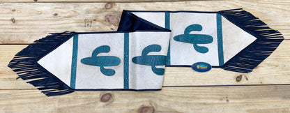 Handmade Leather Table runner 72&quot; on real cowhide decorated with leaser cut turquoise engraved western cactus patch in between on Cow hide