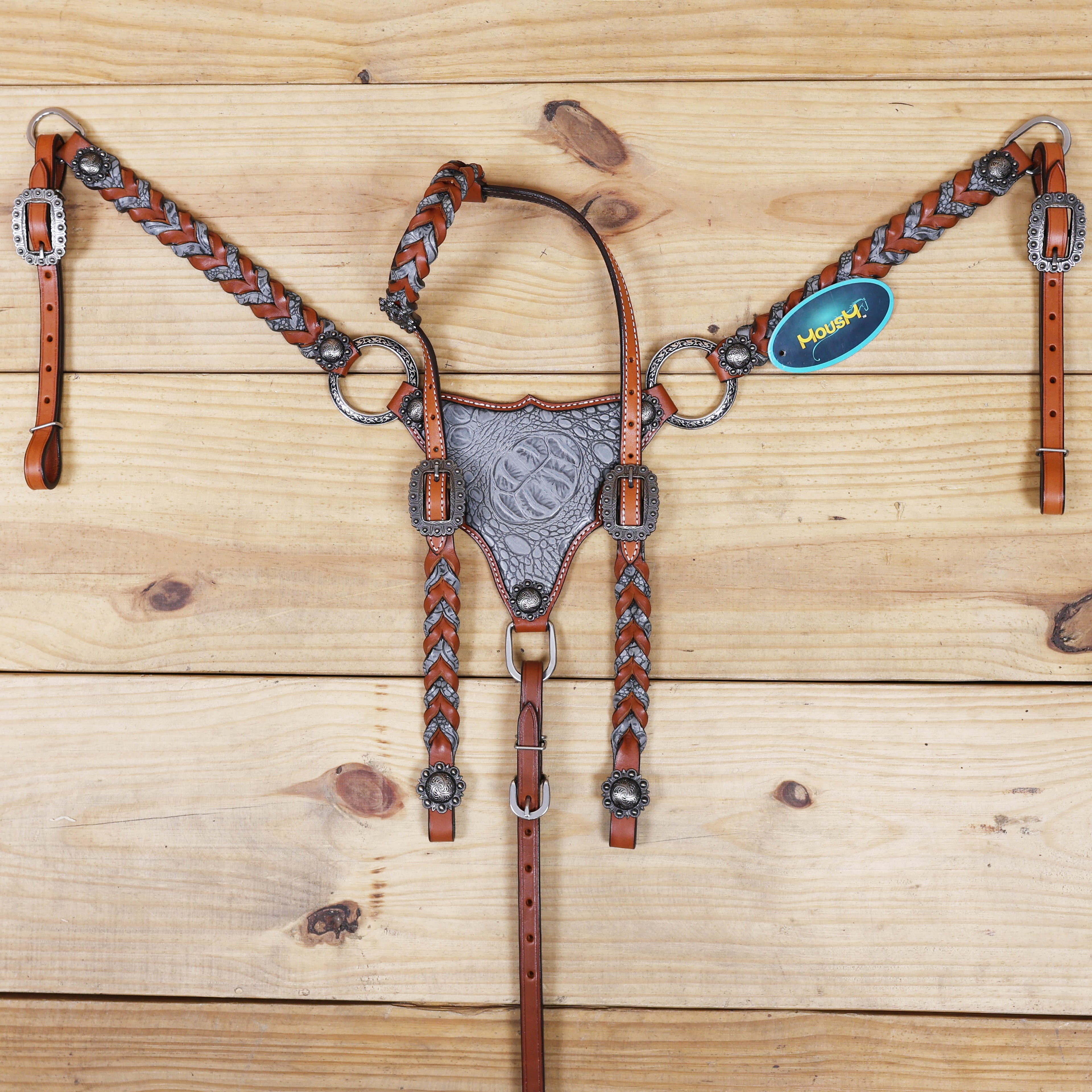 twisted leather braiding with grey alligator inlay