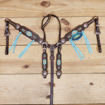 geometrical tooling across the one ear and cheekpieces, beautifully detailed with hand-applied golden and turquoise paint