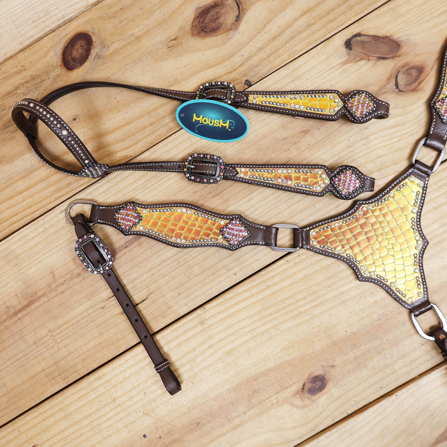 bright holographic alligator print headstall and breast collar set for confident western riders