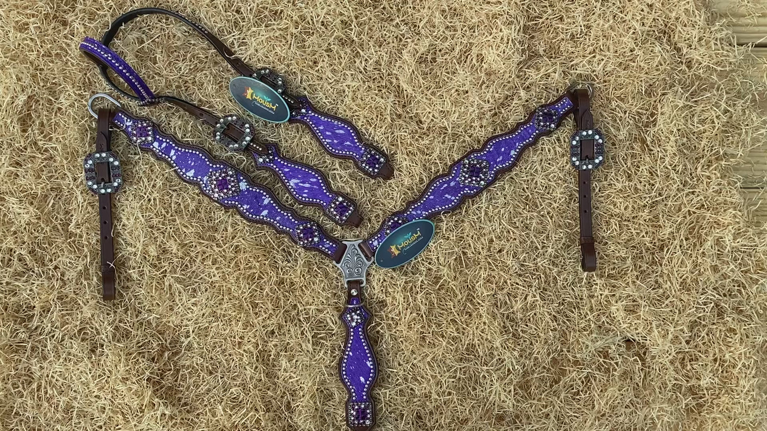 MOUSM Valentine’s Day Western Headstall &amp; Breast Collar Set – Made from Argentina Leather, Purple &amp; Silver Metallic Acid Wash Cowhide Look with Rhinestone Accents