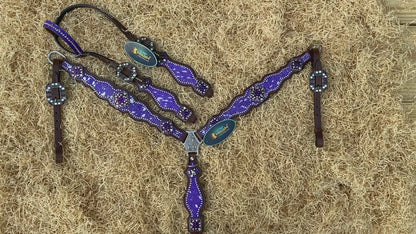 MOUSM Valentine’s Day Western Headstall &amp; Breast Collar Set – Made from Argentina Leather, Purple &amp; Silver Metallic Acid Wash Cowhide Look with Rhinestone Accents